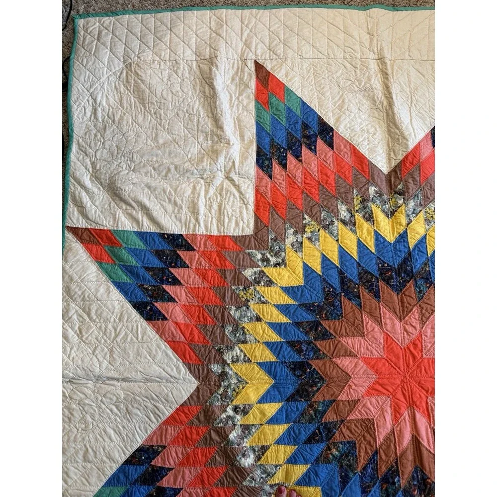 Vintage Handmade Lone Star Scrap Quilt Large Center Medallion Teal Border